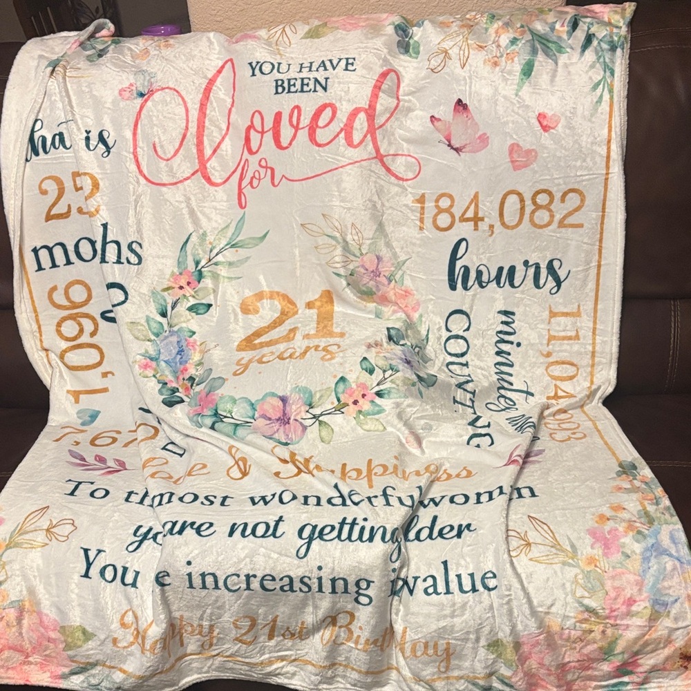 Plush Floral 'You Have Been Loved' 21st Birthday Blanket - Pink, Gold, Teal. New